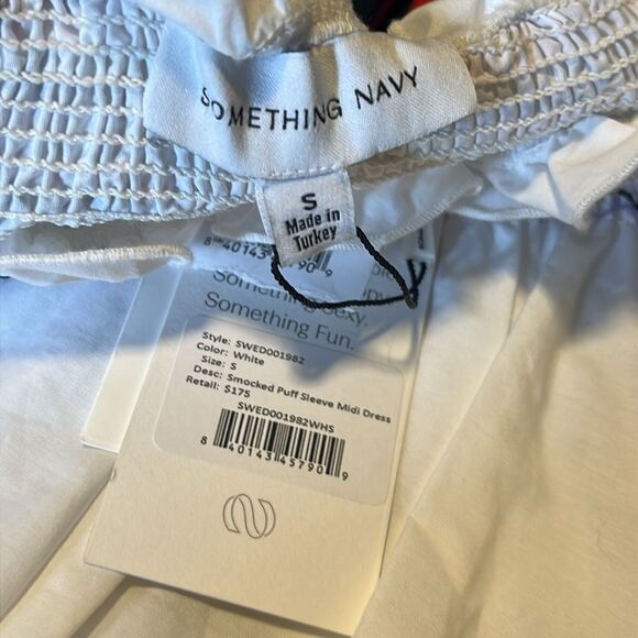 SOMETHING NAVY White Smocked Puff Sleeve Cotton Midi Dress-S NWT! - Picture 6 of 8